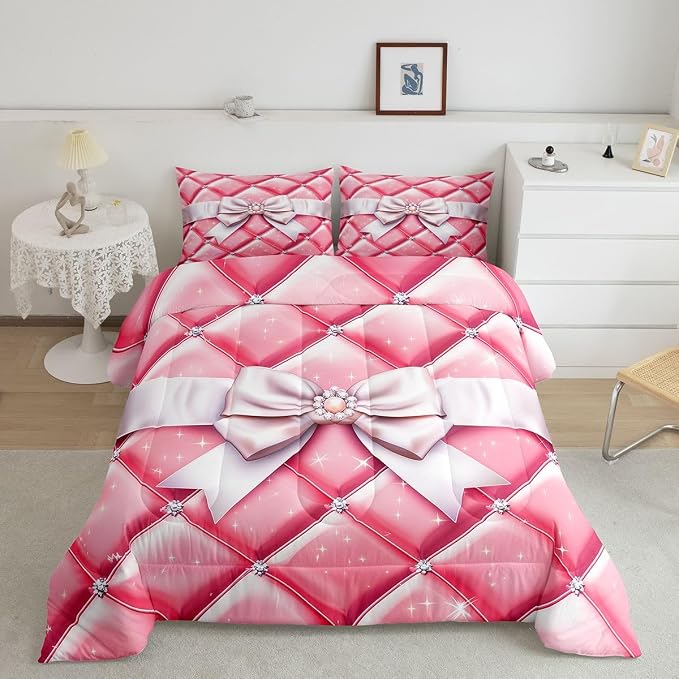 Feelyou Bow Comforter Set All Season Geometry Bowknot Bedding Set with 2 Pillow Cases Glitter Microfiber Kids Queen Bedclothes Bedroom Decor Duvet Quilt Breathable Soft Lightweight