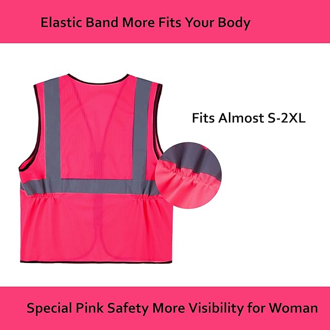 Pink Safety Vests 20 Pack - Reflective High Visibility Construction ANSI Class 2 Work Vests for Men,Woman with Zipper,Hi Vis Mesh and Neon Silver