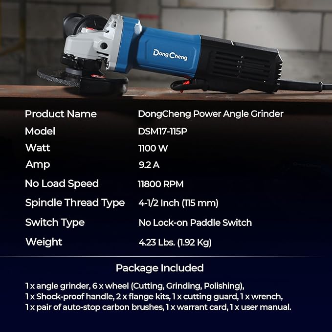 DongCheng 9.2 Amp Power Angle Grinders, 4-1/2 in., 11800RPM, Tool-Free Guard, Electric Metal Grinder Tool, Small Corded Angle Grinder, Paddle Switch, Shockproof Handle for Cutting, Grinding, Polishing
