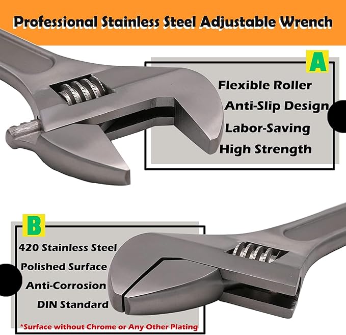 WEDO 2PCS Adjustable Wrench Set 8",10",Stainless Steel | Wide Jaw Spanner,Professional Spanner,Precision Jaws,Corrosion Resistant,For Automotive,Home and Plumbing Repairs