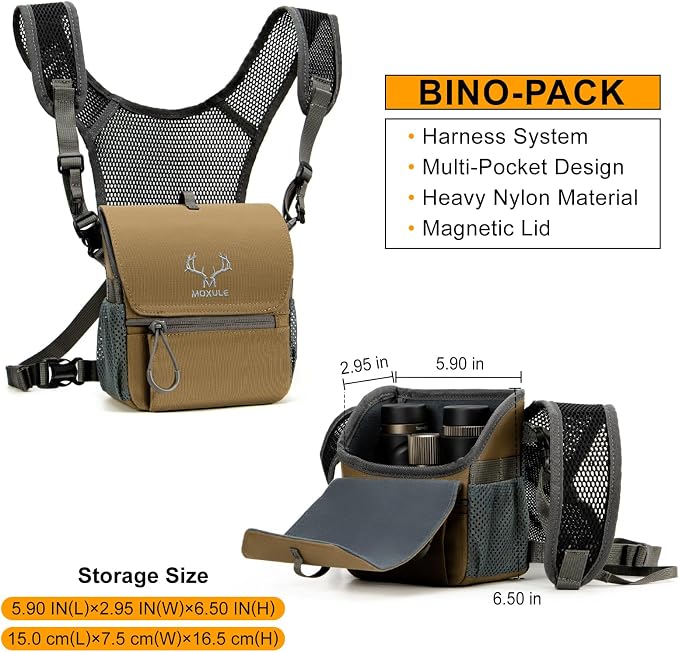 Binocular Harness Chest Pack: Bino Case, Magnetic Lid, Rain Cover | Silent one-hand access, water-resistant fabric, MOLLE webbing for hunting, birdwatching and hiking