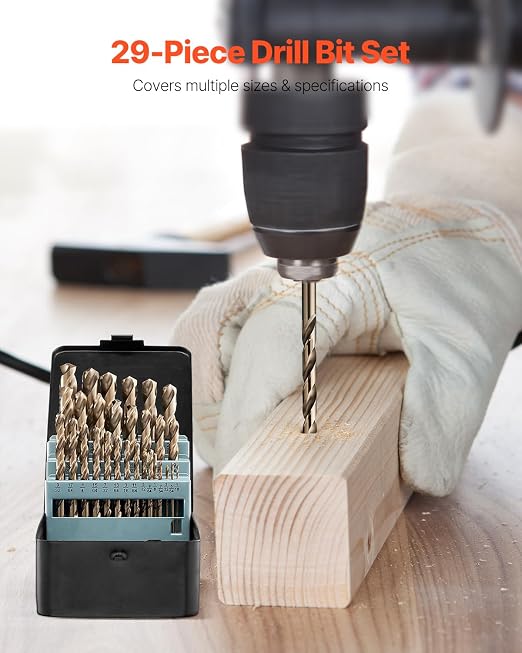 VEVOR Cobalt Drill Bit Set, 29Pcs (1/16" - 1/2") M35 High Speed Steel Cobalt Bits with Storage Case, 135 Degree Tip Twist Jobber Drill Bit for Metal, Stainless Steel, Aluminum Alloy, Wood, Plastic