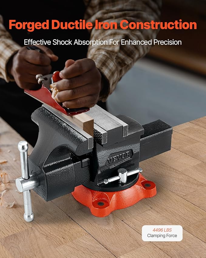 VEVOR Bench Vise, 5.5" Jaw Width, 5.5" Max Jaw Opening Multipurpose Vise with 360° Swivel Locking Base, 2.8" Throat Depth, Heavy Duty Ductile Iron Workbench Vise, Two-Way Jaws for Clamping Round Pipes