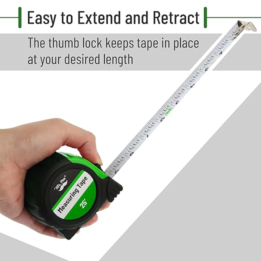 Mr. Pen- Retractable Tape Measure 25 ft, Green, Easy Read, Steel Retractable Measuring Tape with Fractions, Ideal for Construction & DIY Projects
