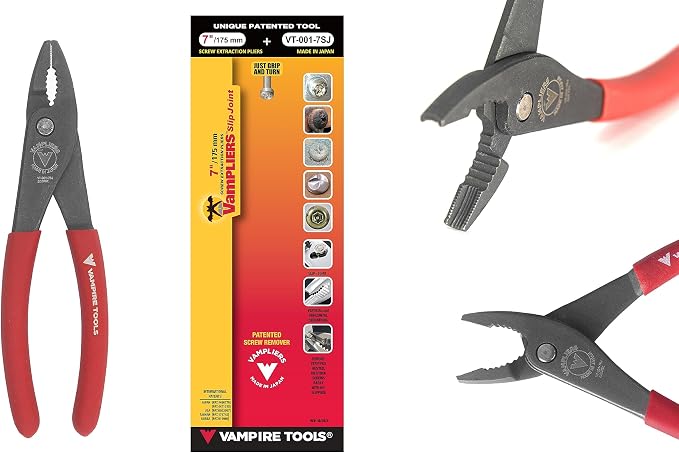VAMPLIERS 2-PC Screw Extraction Pliers Set. Includes: 7" Slip-Joint + 7" BOSS Stripped Screw Removal Pliers. Unique Non-slip Jaws. Made in Japan.