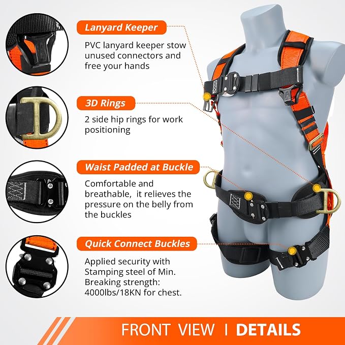 TRSMIMA Safety Harness Fall Protection - Harness Kit for Men Construction | Fall Arrest Roofing Harness Kit Men Full Body Harness with Lanyard for Work Upgrade 4 Quick Buckles Orange