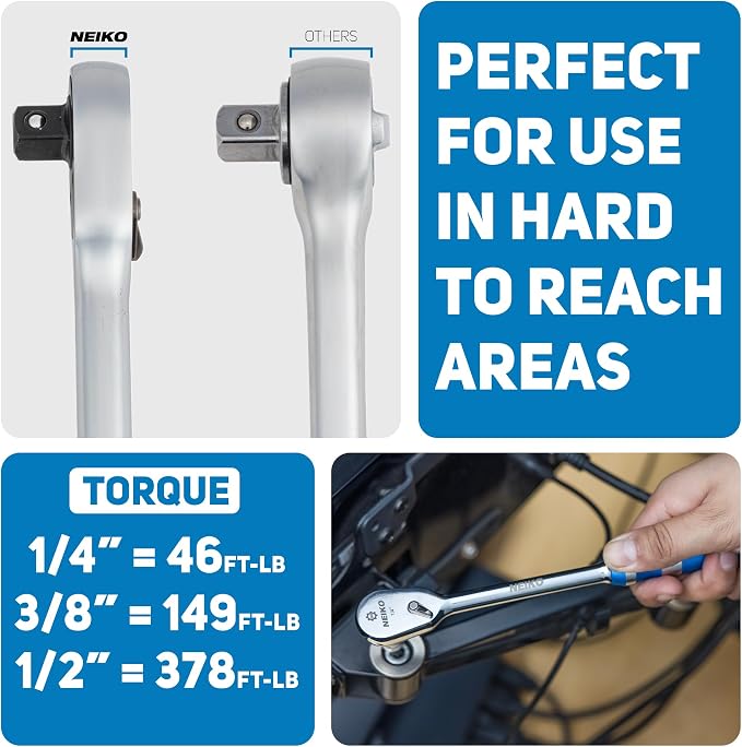 NEIKO 03006A Flat Head Ratchet Set - 3 Piece Low Profile 1/4, 3/8, 1/2 Inch Drive, 90 Teeth, Anodized Textured Grip Handle, Long Handle, Sealed Head, Cr-Mo