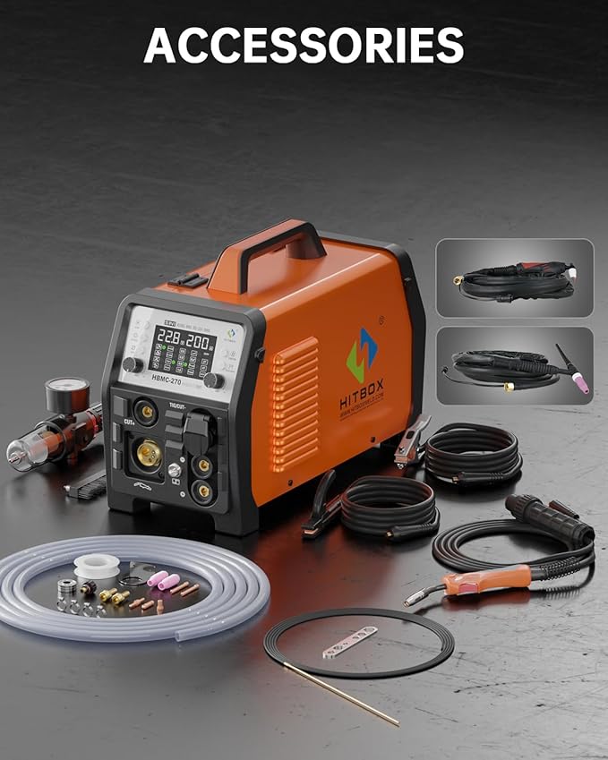 HITBOX Multifunctional Welder Plasma Cutter Combo, 200A 220V Aluminum Pulse MIG/Gas/Flux Core MIG/HF TIG/ 40A Plasma Cutter/Stick/Spot with 2T/4T, Synergy, Large Digital Display