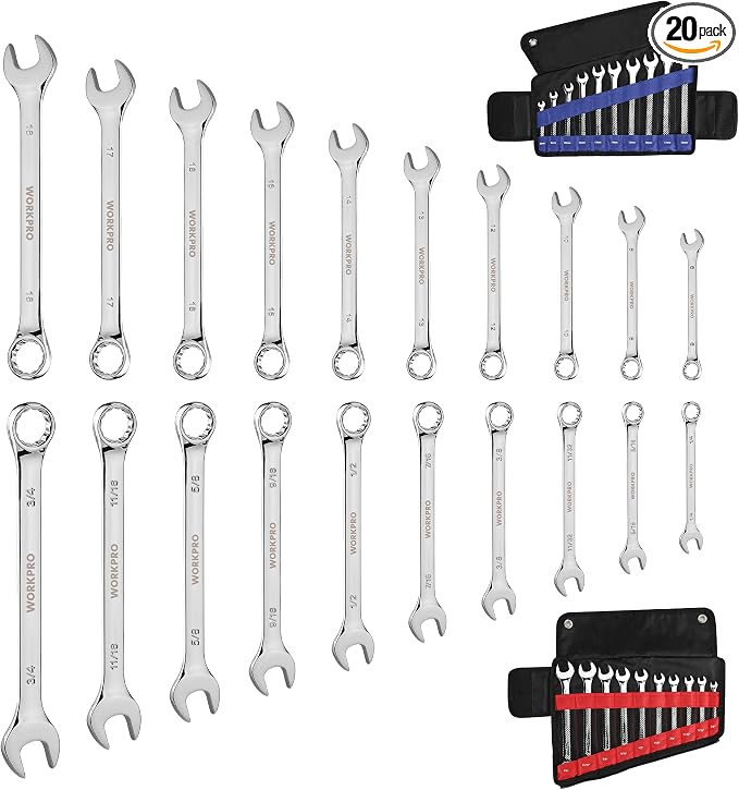 WORKPRO 20-Piece Combination Wrench Set, Metric 6-18mm & SAE 1/4"-3/4" | Cr-V Steel Construction, 12-Point Wrench Set, 2-in-1 Rolling Pouch, for Auto Repair & Home DIY