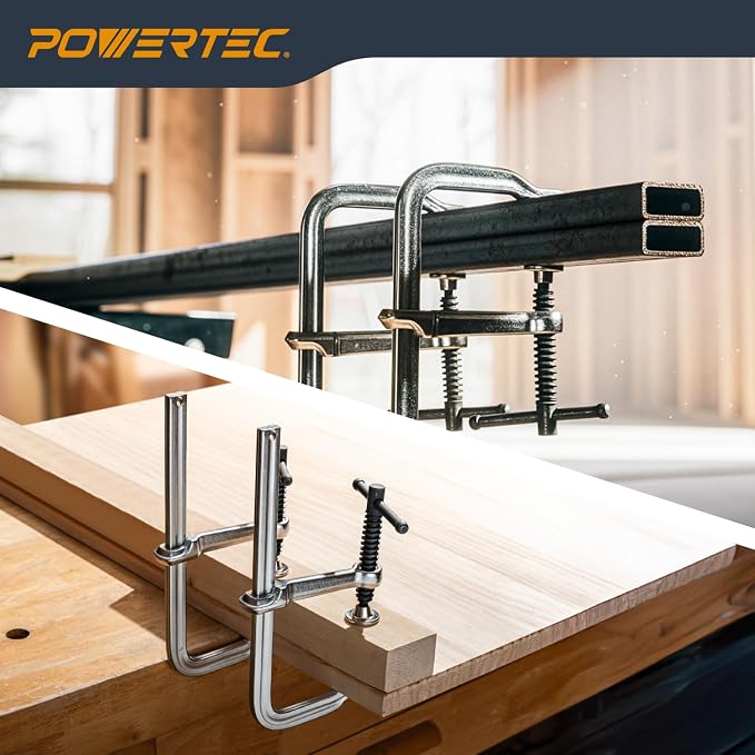 POWERTEC Heavy Duty 6" F Style Bar Clamps, 3-1/8" Throat Depth, 480 lb Clamping Force – Woodworking, Cabinetry, Welding & Workshop Use, 2 Pack (72338)