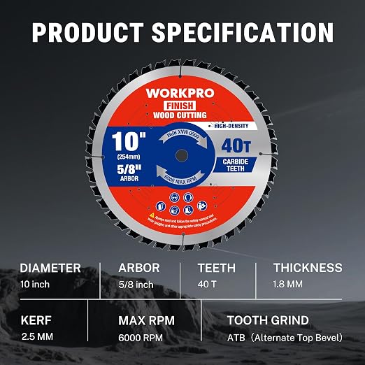 WORKPRO 10 Inch Woodworking Circular Saw Blade, 40T General Purpose Table/Miter Saw, Thin Kerf(1.8mm), Carbide Tipped, ATB Tooth, 1-Pack