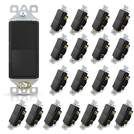 ELEGRP 3 Way Decorative Light Switch, 15Amp, 120-277 Volt, AC Decorator Rocker Paddle Wall Switch Replacement, Self-Grounding, Residential and Commercial Grade, UL Listed (20 Pack, Glossy Black)