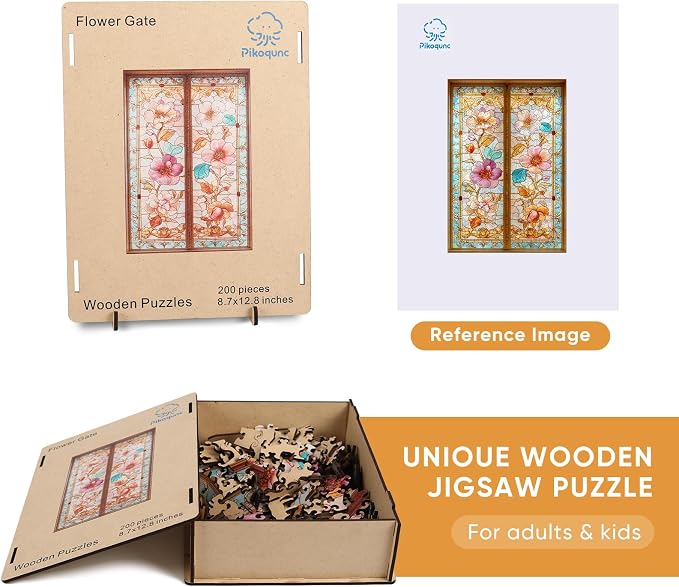 Pikoqunc Wooden Puzzles for Adults,200 Pieces Vintage Glass Floral Gate Laser-Cut Jigsaw with Premium Smooth Finish,Relaxing Art Puzzle and Elegant Wall Décor Gift for Friends, 12.8x8.7 Inches