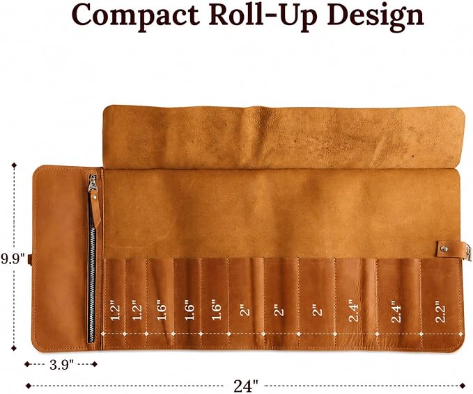 Genuine Leather Tool Roll – Compact Roll-Up Tool Organizer with Multiple Pockets for Wrenches, Screwdrivers & Pliers – Portable Leather Tool Storage Case, Warm Brown (Tools Not Included)