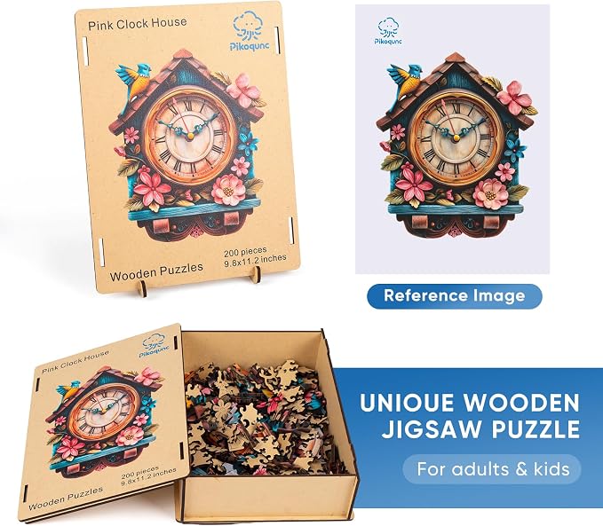Pikoqunc Puzzles for Adults, Pink Clock House 500 Pieces Jigsaw Puzzle, Unique Shaped Wooden Puzzles, Fun Family Game, for Women, Friends & Family 15.4'' x 17.7''