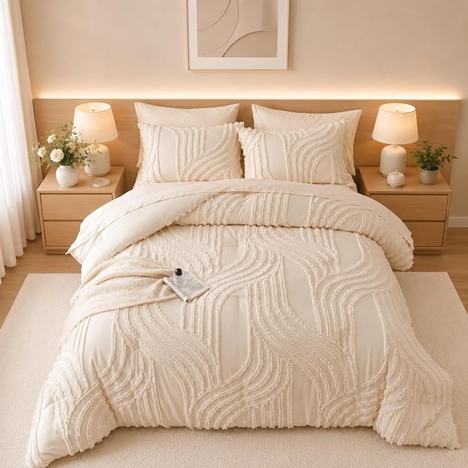Nttopship Beige Twin Comforter Set - 7 Pieces Bed in a Bag, Premium Comforters Twin Size Bed Set Tufted Shabby Chic Bedding Comforter Set with Flat Sheet, Fitted Sheet and Pillowcases,Beige