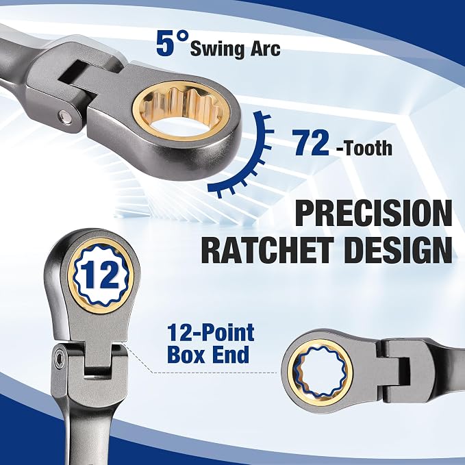 WORKPRO 22-Piece Ratcheting Wrench Set, Flex-Head & Nickel Plating | Metric & SAE (6-18 mm & 1/4-3/4''), 72 Teeth Cr-V Steel, Combination Wrench Set with Organizer Box for Auto Repair & Home DIY