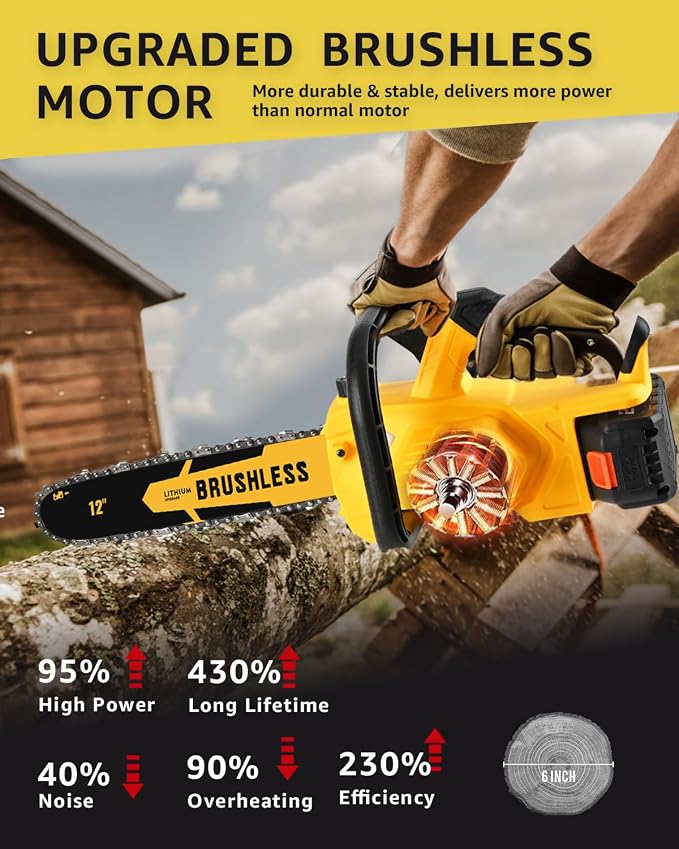 12 Inch Brushless Cordless Chainsaw for 20v Max Battery with Auto Oiler, 45Ft/s 1100W Electric High-Efficiency, No Installation Required, Yellow (Battery Not Included)