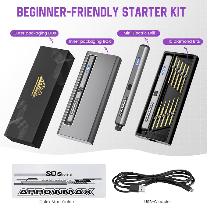 Mini Electric Drill Pen, 13 in 1 with Aluminium case, Rechargeable, 900 RPM, Needle Vise Hand Drill Kit, 10 HSS Bits, DIY, Wood, Jewelry Making (SDS MINI)