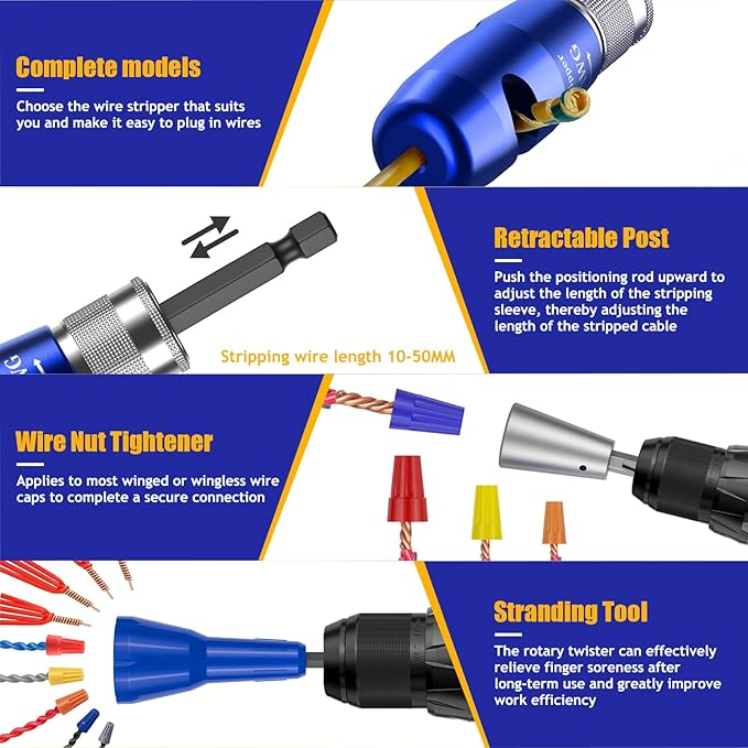 Wire Stripper Twister Tool for Drill, 2026 Upgraded Wire Stripping Tool & Wire Twisting Connector for Cutters 6-14 AWG, 8 In 1 Professional Electrician Twister Stripping with 5 PCS Blade