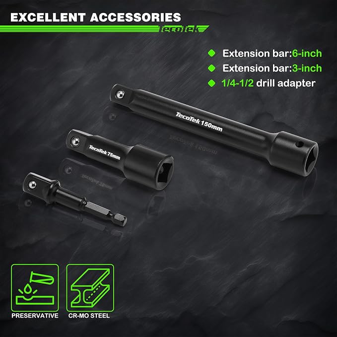 TecoTek 30 Pieces 1/2-Inch Drive Shallow Metric Impact Socket Set, Cr-Mo, 10mm to 36mm, No Skipped Sizes, 6 Point, Includes Extension Bars, Drill Socket Adapter 1/2"