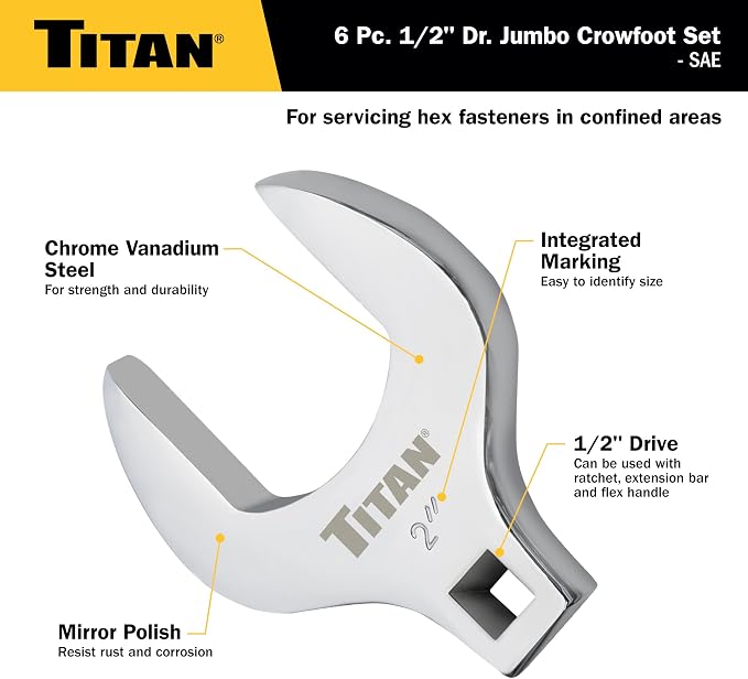 Titan 17676 6-Piece 1/2-Inch Drive SAE Jumbo Crowfoot Wrench Set
