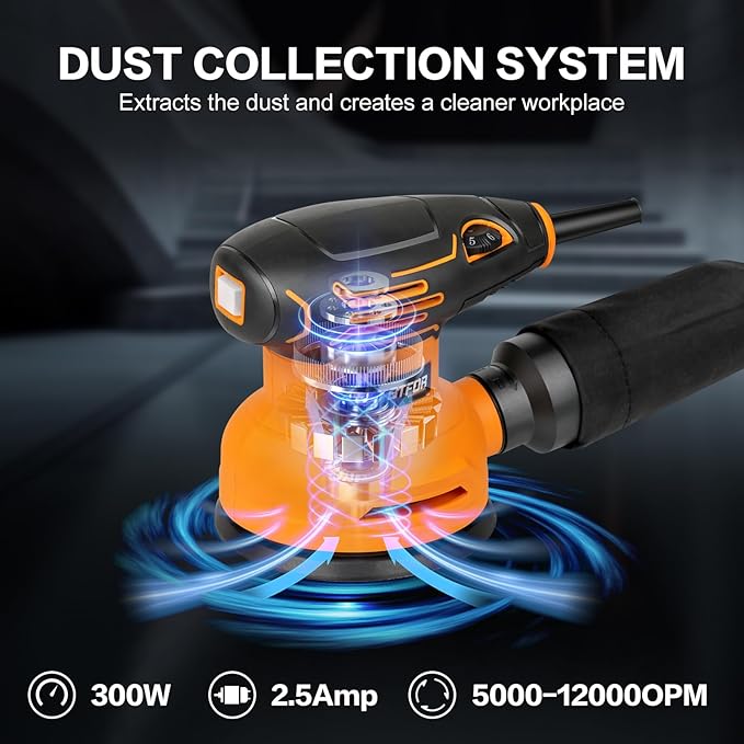 5" Orbital Sander,300W Electric Sander 5000-12000OPM Variable Speeds with 20Pcs Sandpapers,Power Orbital Sanders for Woodworking and Sanding with Vacuum Dust Collector