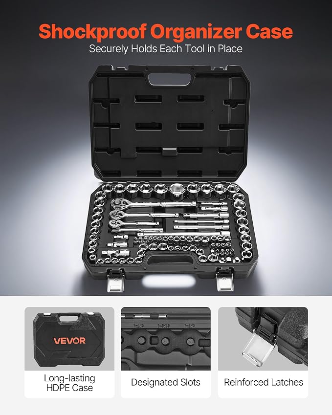 VEVOR Socket Set, 86 Pieces, 3/8 & 1/4 & 1/2 inch Drive Socket and Ratchet Set, SAE and Metric, Mechanic Tool Kit with Ratchet Wrench, Accessories and Storage Case, CR-V Alloy Steel, for Auto Repair | Deep and Shallow, Mechanics Tool Set with Ratchet W...