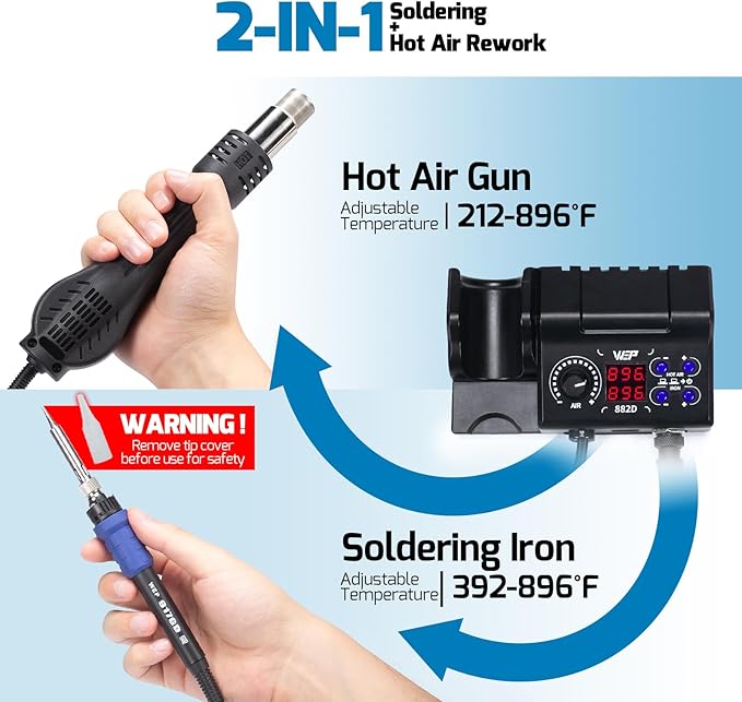 WEP 882D Soldering Iron Station 2-IN-1 SMD Hot Air Rework Station with 2 Spools of Solder Wire, 5 Soldering Tips, 3 Hot Air Nozzles, Brass Wool Tip Cleaner, Tweezers, Desoldering pump