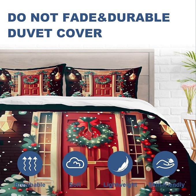 Batmerry Christmas Door King Size 100% Cotton Duvet Cover Sets, Wreath Snowflakes Bells Garland Lights Bedding Set with Zipper Closure Corner Ties, 3 Pieces (1 Cover + 2 Pillowcases No Comforter)