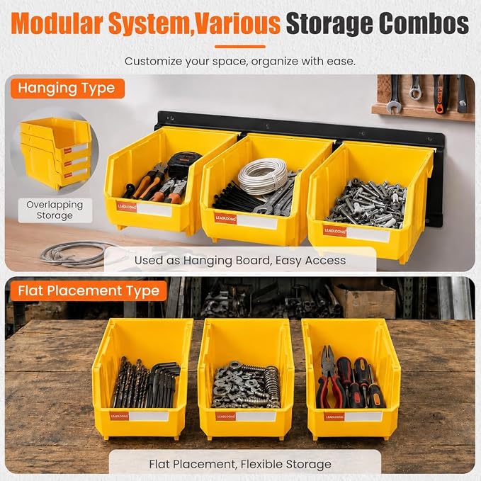 12pc Wall-Mounted Storage Organizer Set with Metal Rails Yellow | Heavy duty tool organization box with metal rails. Ext 7"x5"x4" for garage screws nuts bolts.
