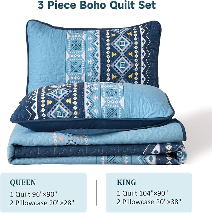 WONGS BEDDING Blue Quilt Set Queen,Boho 3 Pieces Bedspread Coverlet Set with Geometry Printed for All Season,Lightweight Morden Bohemian Bedding Set 96"×90"
