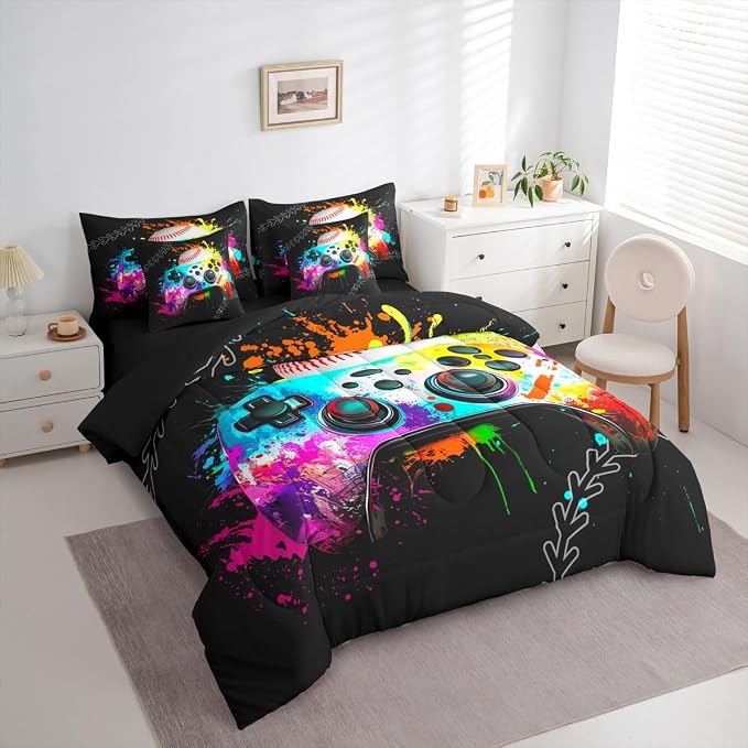 Erosebridal Game Consoles 7 Piece Comforter Set Full Bed in a Bag,Baseball Bedding Set,Gamer Comforter and Sheet Set Rainbow Tie Dye Bed Set,Gaming Decor for Boys Bedroom Decor Gamer Gifts