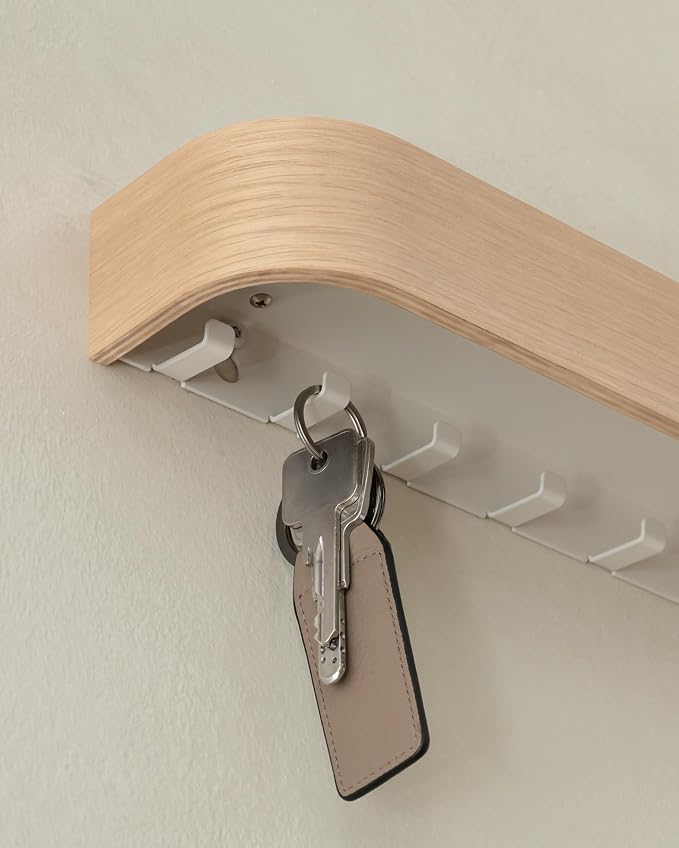 Kazai. Key Holder 'Toke' | Minimalist Key Hook Design from Berlin | Modern Key Holder Wall Mount with Wooden Shelf | Key Rack for Wall as Entryway Organizer | Oak, White