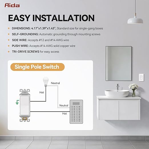 AIDA Single Pole Rocker Decorator Light Switch, 15 Amp Self-grounding Electrical Light Switches, Wall Plate Included, Residential Grade, UL Listed (50 Pack, Matte White)