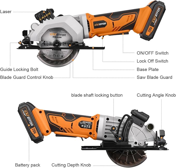 Circular Saw,4-1/2" Mini Circular Saw Cordless with 2.0A Battery, Power Saw with Laser Guide, 3400RPM, Maximum Cutting 1-11/16" at 90° and 1-1/8"at 45° for Wood, Soft Metal, Plastic