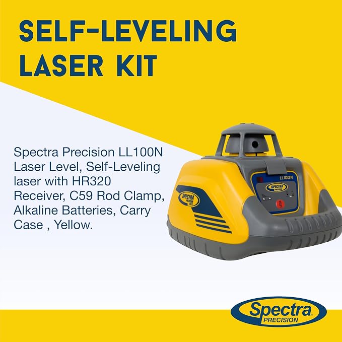 Spectra Precision LL100N Laser Level, Self-Leveling laser with HR320 Receiver, Class 2, C59 Rod Clamp, Alkaline Batteries, Carry Case, Yellow