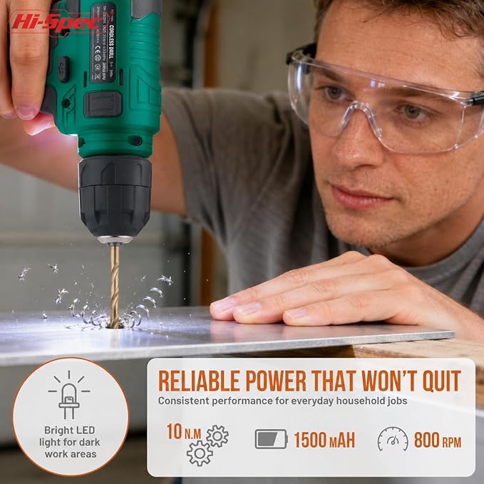 Hi-Spec 8V USB Power Drill Driver Screw Drill Bit Set. Cordless & Rechargeable Electric Drill Driver with Wall Hanging Kit,Green