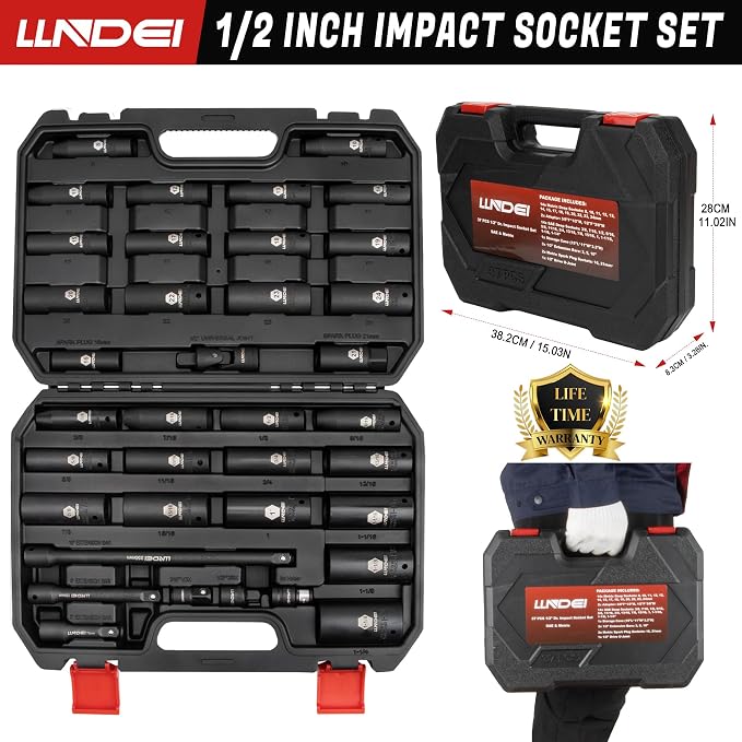 LLNDEI 1/2" Drive Deep Impact Socket Set 37Pcs SAE/Metric CR-MO | 3/8"-1-1/4" & 8-24mm, Spark Plug 16/21mm, Universal Joint & Extensions, for Auto, Truck & Heavy Equipment