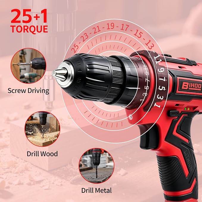 Cordless Drill Set,20V Drill Driver with Battery and Charger,3/8-Inch Keyless Chuck, Variable Speed,with Drills Bits Set,Red