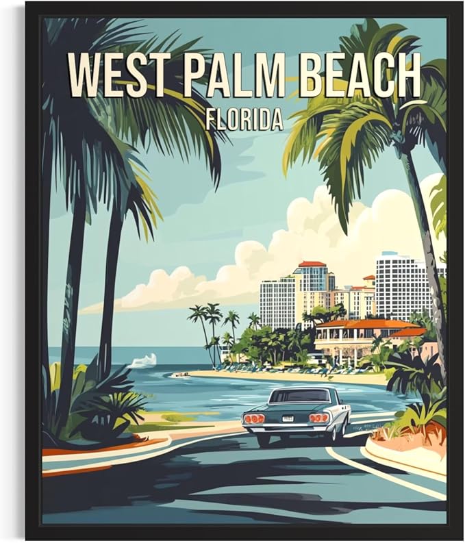 West Palm Beach Florida Wall Art Print Poster, US Vintage Retro Beach Scenery Posters Prints for Restroom Home Picture Painting Artwork Gallery 219 (West Palm Beach Florida, 24 x 36 inches, Unframed)
