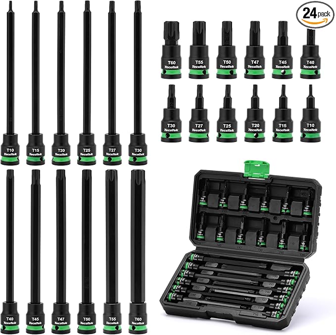 TecoTek 3/8" Drive Impact Torx Bit Socket Set, Extra Long Torx Socket, S2 Alloy Steel Star Bit Sockets, 24PCS Star Bit Set, T10-T60, 2in & 6in Long, CR-V & S2 Alloy Steel Set, Enhanced Storage Case
