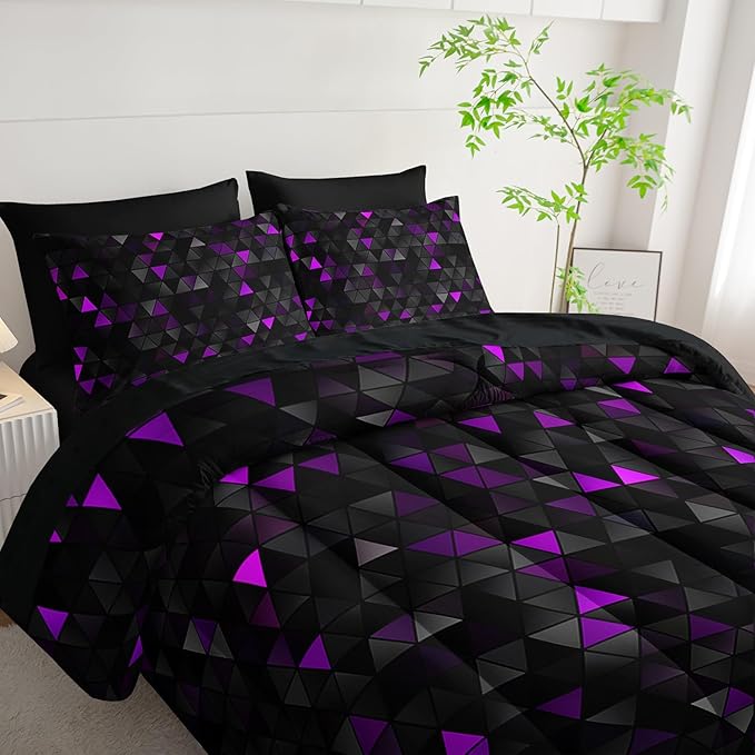 Nttopship Geometric Violet Black Triangle King Size Comforter Set,Light Honeycomb Bedding Set 7 Piece in A Bag,Bed Sheet Set Geometry Decor,Microfiber Lightweight All Season