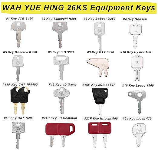 Multi Type Heavy Equipment Key Set, 26 Excavator Dozer Skid Steer Loader Forklift Roller Keys Fit CAT Caterpillar Bobcat JD Case JLG JCB Volvo Hyster Ford Holland Yanmar Kubota Komatsu Toyota Hitachi