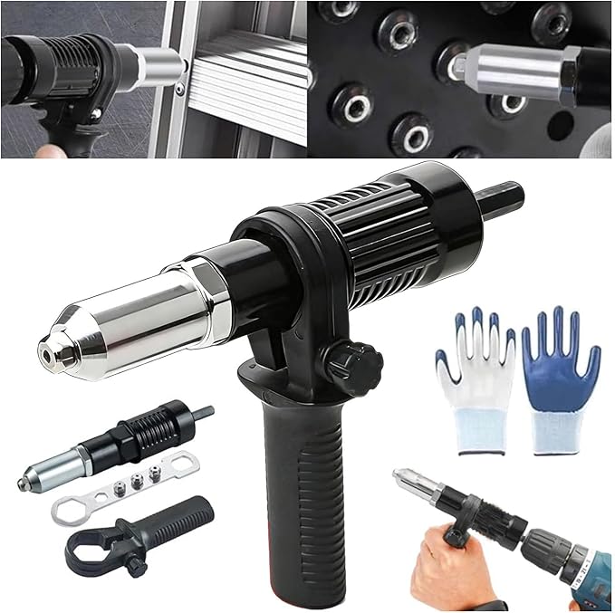 Professional Electric Rivet Gun Adapter Kit, Alloy Steel Electric Rivet Nut Gun Drill Adapter, Turn Your Drills Into A Riveting Beast, Drill Rivets Gun Attachment for Metal & Aluminum Work (1set)