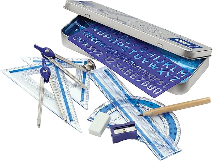 STAEDTLER 10-Piece Math Set with Metal Compass, 6" Ruler & Triangle Squares, 45° & 30/60° Set Squares, Alphabet Stencil - Measuring Tools