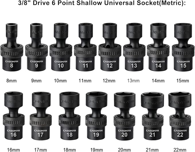CASOMAN 15 PCS 3/8" Drive Standard Universal Impact Socket Set, 6-Point, Metric, 8mm - 22mm