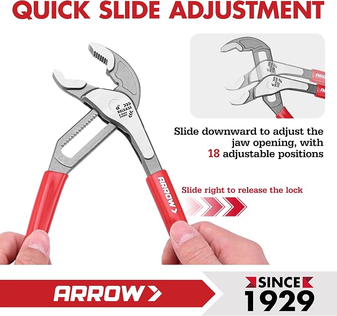 ARROW 10-Inch Water Pump Pliers, Quick Adjust Groove Joint Pliers with 18 Positions, V-Jaw Tongue and Groove Plier with Dipped handle, Heat-Treated CR-V Steel for Plumbing, Auto & Home Repair