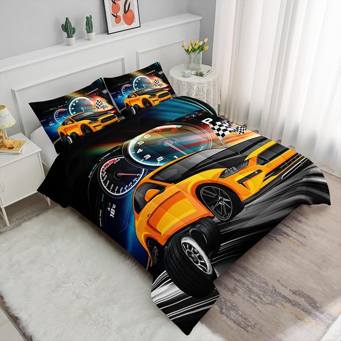 Axolotl Race Car Bedding Set King Size,Boys Extreme Sports Comforter for Kids Teens,Yellow Car Racing Bedding,Cool Speed Duvet,Sports Theme Quilt Set with 1 Comforter and 2 Pillowcases