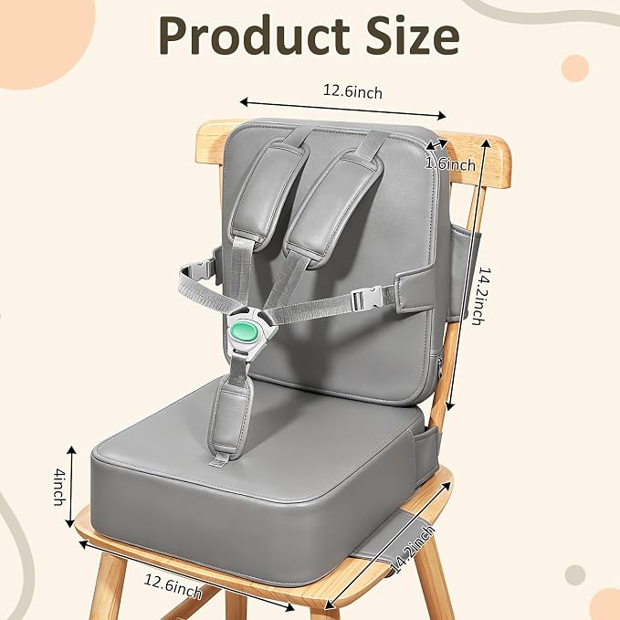 Toddler Booster Seat for Dining Table,Kitchen Chair Booster Cushion | Non-Slip Booster Seat with Backrest and 5 Piont Harness, PU Waterproof Travel Baby Booster Increasing Cushion